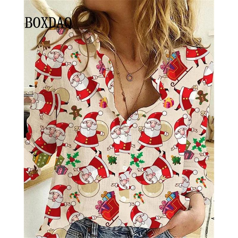 Women's Blouses Christmas 3D Printed Shirts Autumn Winter Fashion Long Sleeve Funny Cute Santa Claus Casual Button Tops