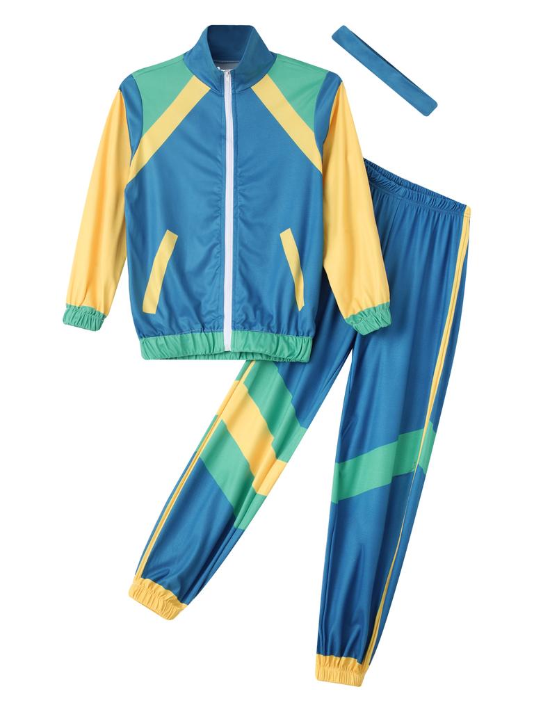 Dětský kostým 80. léta Retro Disco Colorblock Top Kalhoty Čelenka Set Hip Hop Tanec