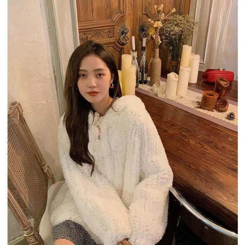 Lamb Wool Imitation Fur Coat Women's New Winter Cotton Thickened Lazy Wind Hooded Cardigan Sweater