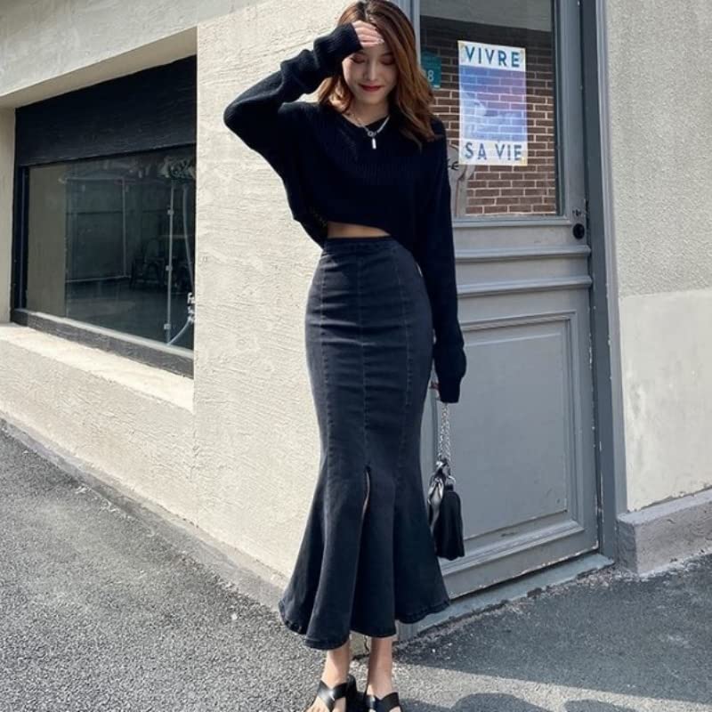 Fustă lungă, strâmtă, evazată Belle Cie Mermaid din denim, (ST/Nr. 27541) (XL, negru)