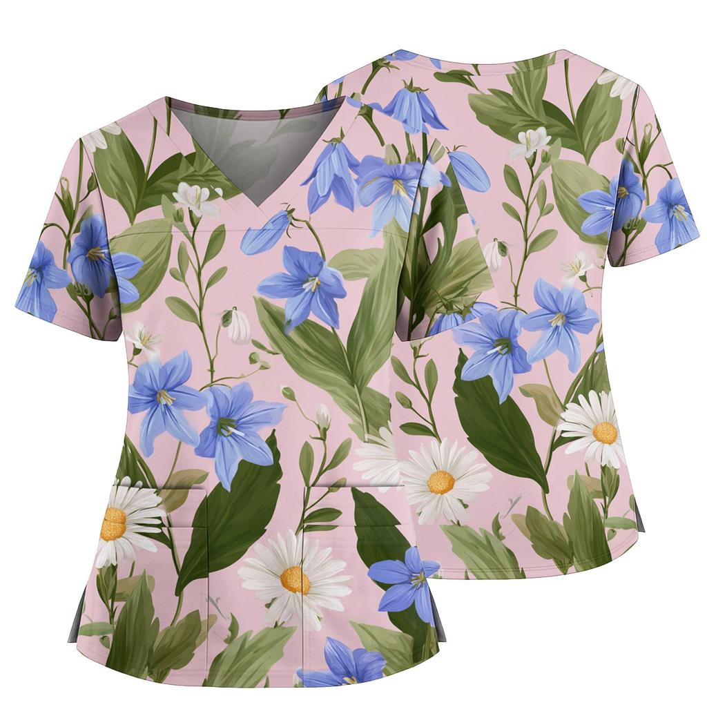 Women's Casual Printed V-Neck Pocket Side Slit Short Sleeved Top Short Sleeved Top