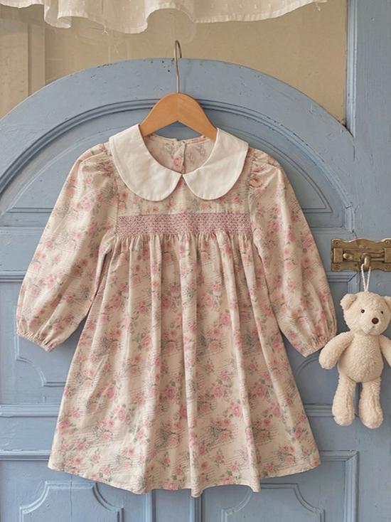 2026 Autumn French-Korean Style Doll Collar Girls' Printed Long Sleeve Dress with Ruched Skirt