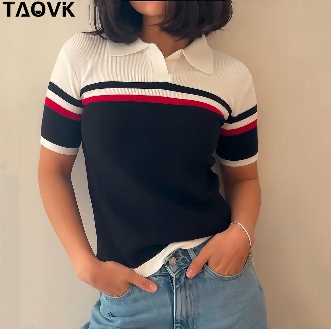 

TAOVK Винтажные полосатые трикотажные топы Летняя футболка с коротким рукавом Женская футболка-поло с коротким рукавом Свитера Пуловер Шик One Size чёрный