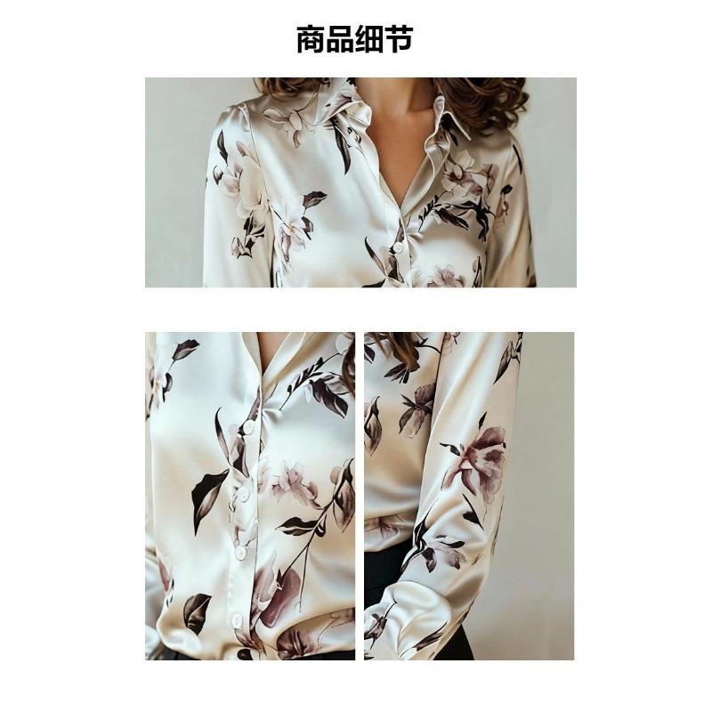 Women Summer Floral Print Satin Long Sleeve Shirt