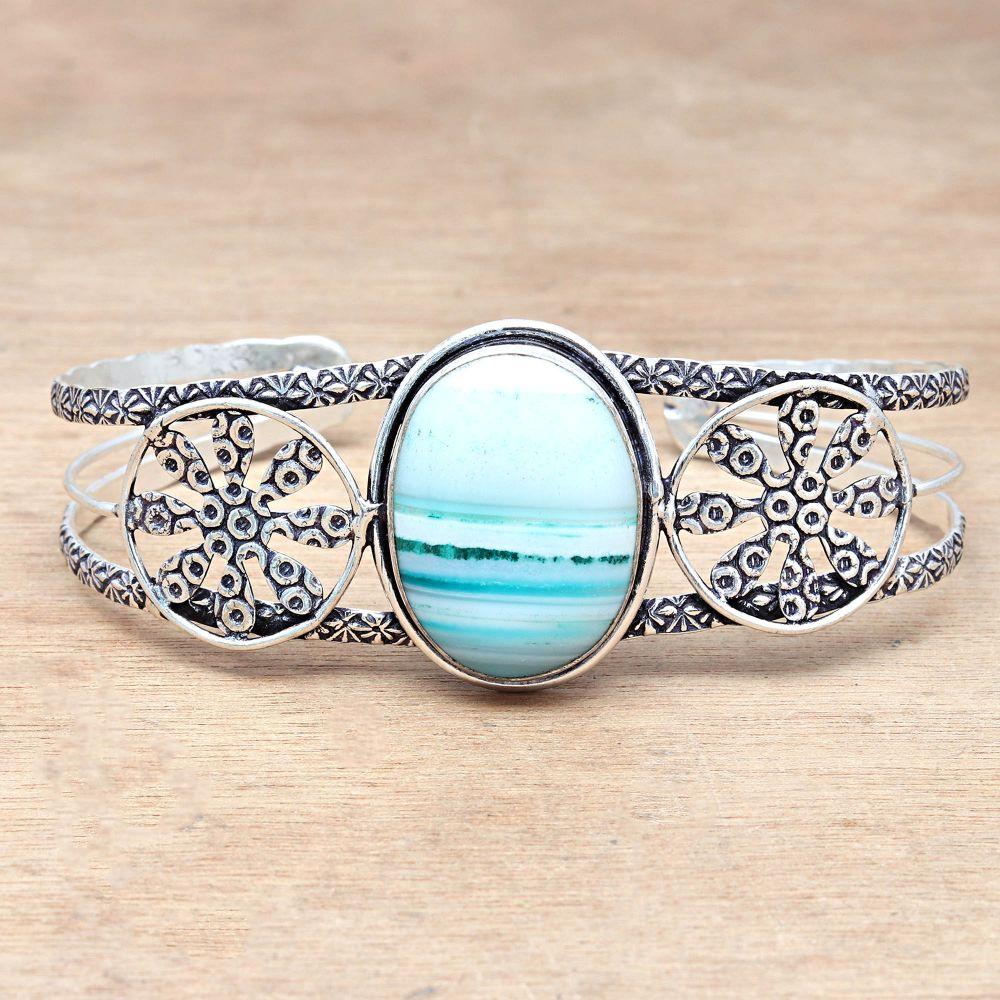 Green Botswana Agate Gemstone Silver Jewelry Cuff Bracelets 7''Adjustable