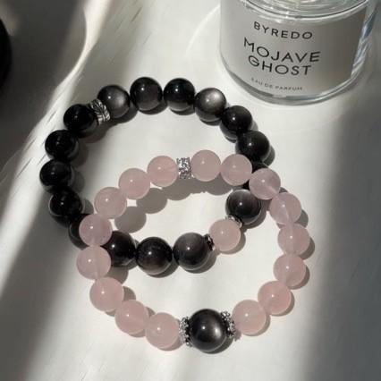 Unisex Couple Bracelet 2Pcs Rose Quartz Obsidian Geometric Beads Small Fresh Accessory Anniversary Souvenir