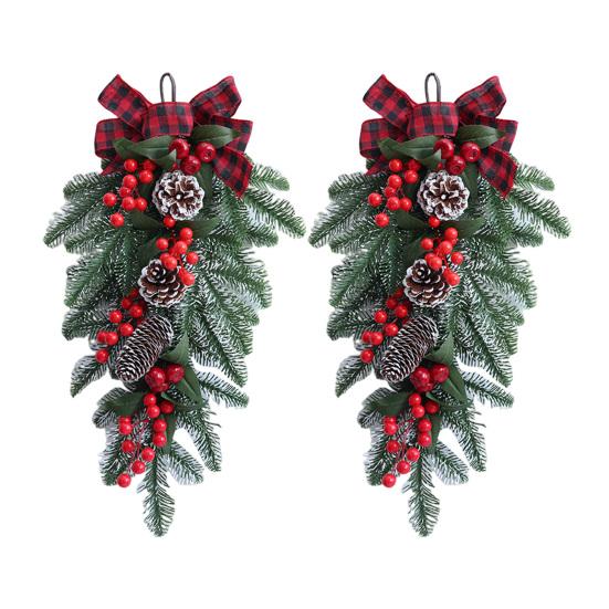 Christmas Swag Artificial Teardrop Swag Wreath with Pine Cones Red Berries And Bow Winter Door Hanging Swag for Front Door Stair Decor