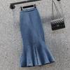 Denim Pencil Skirt With Ruffle Hem For Office Women Autumn Winter