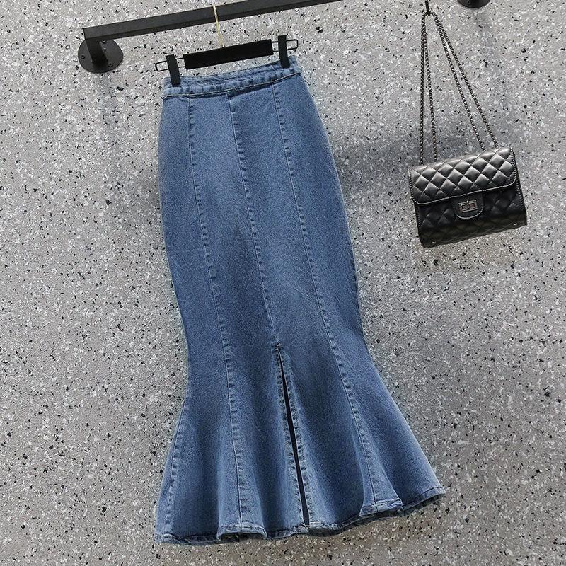 Denim Pencil Skirt With Ruffle Hem For Office Women Autumn Winter