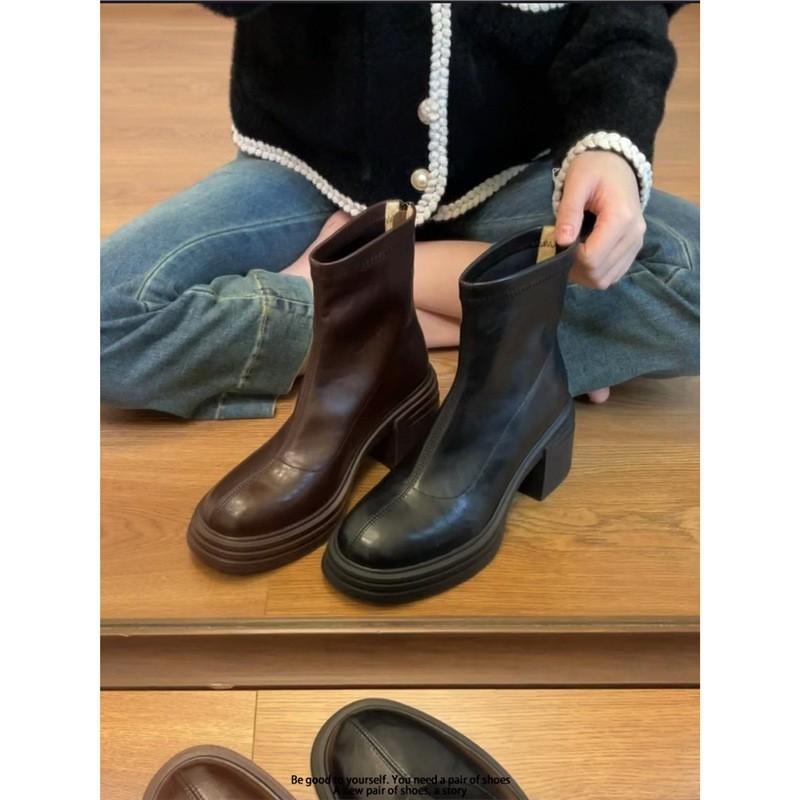Cowhide Edition~ Platform Short Boots Women's 2025 Autumn and Winter New Versatile High Heel Chelsea Martin Boots Thick Heel Skinny Boots