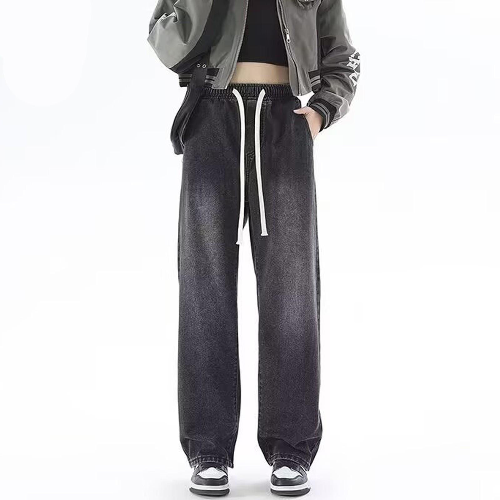 

Женские потертые джинсы с высокой талией, модные универсальные прямые джинсы с эластичной талией XL