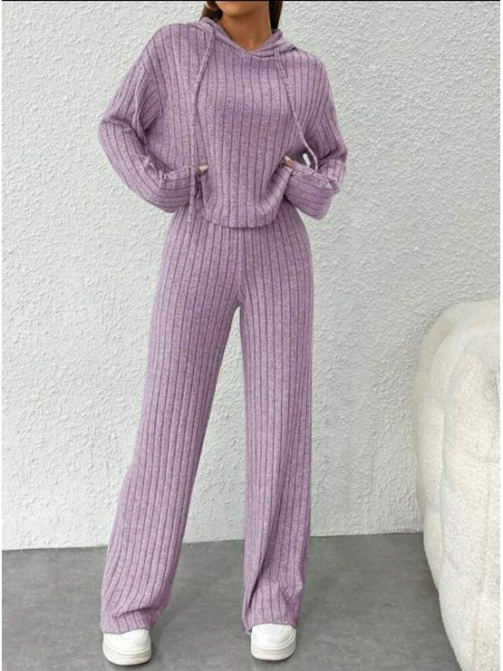 Set nou pentru femei, casual, cu pulover tricotat cu glugă cu dungi și pantaloni largi cu mâneci lungi pentru primăvară/toamnă
