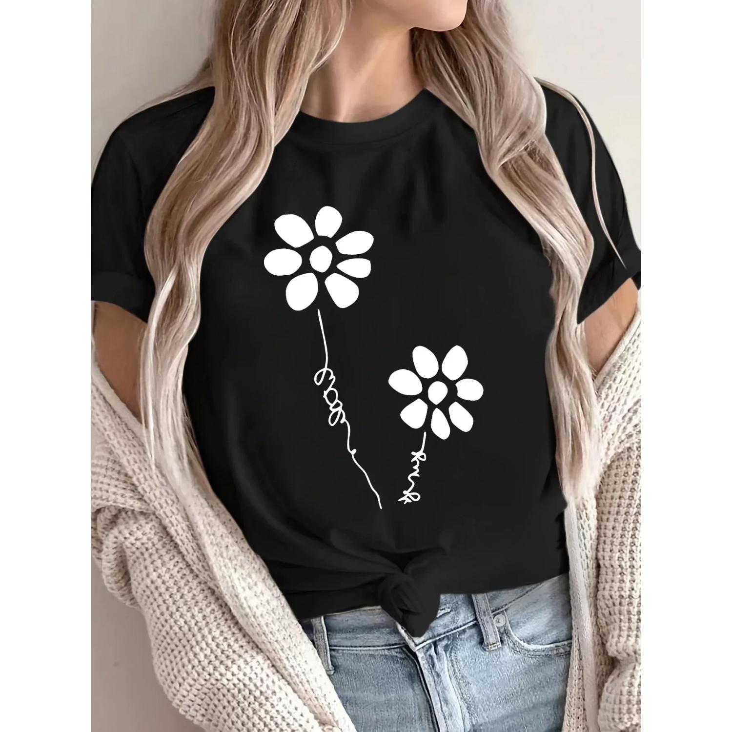 

Summer Women S Front Printed Short-Sleeved T-Shirt Comfortable And Breathable Fabric Casual Sporty Style Suitable Spring Summer S чёрный