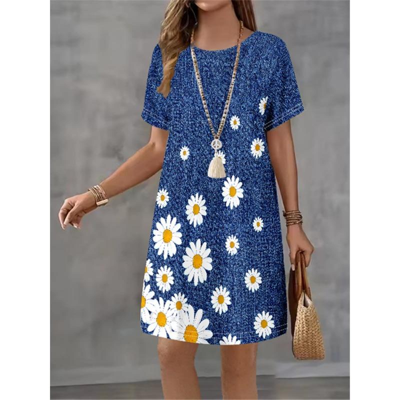 Women Dress Vintage Denim Blue Print Design Sense Fashion New Summer Elegant Casual Short Sleeve Dress Loose Women A-Line Dress