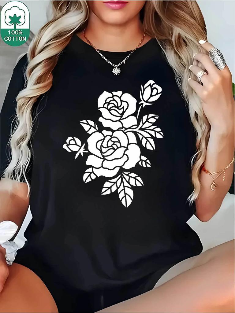 Camisetas cómodas de verano para mujer manga corta cuello redondoestampado de rosas blancas y negras ropa informal de