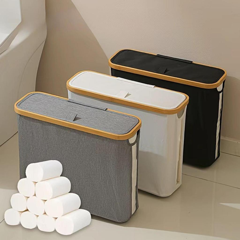 Free Standing Toilet Paper Basket Foldable Organizer With Lid & Handle Holds Up To 12 Rolls For Home Bathroom Living Room