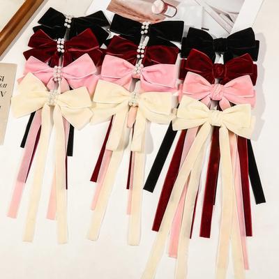 Velvet Ribbon with Pearl Korean Hair Clips for Women Elegant Long Tassel Large Bows Girls Hairpin Accessories Autumn Winter New