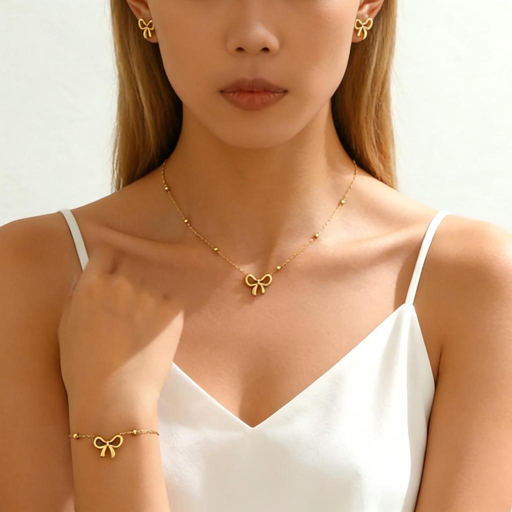 Stainless Steel Bowknot Jewelry Set Tarnish Free, Women's 3pcs Necklace Bracelet Stud Earrings, Beaded Chain Minimalist Jewelry