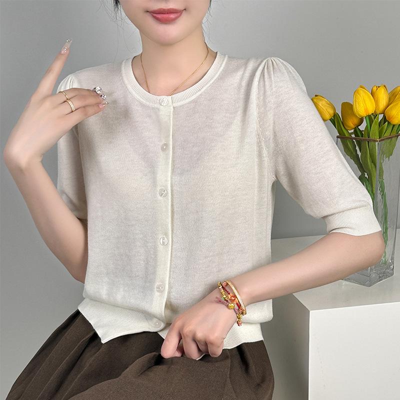 

Вязаный кардиган с рукавами-пузырями, осенняя новая куртка, камвольная 0 шерсть, рукав средней длины, топ, нижняя одежда, свитер женский тонкий M