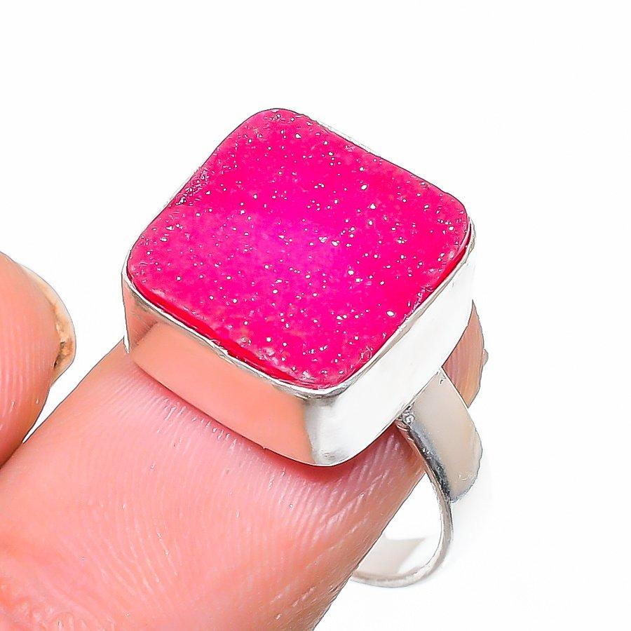Pink Druzy Gemstone 925 Sterling Silver Jewelry Ring Size Adjustable GK-4383