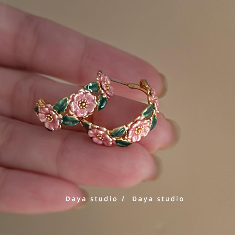 Romantic French Drip Glaze Rose Earrings: Elegant, Trendy, Fairy-Inspired Hoops