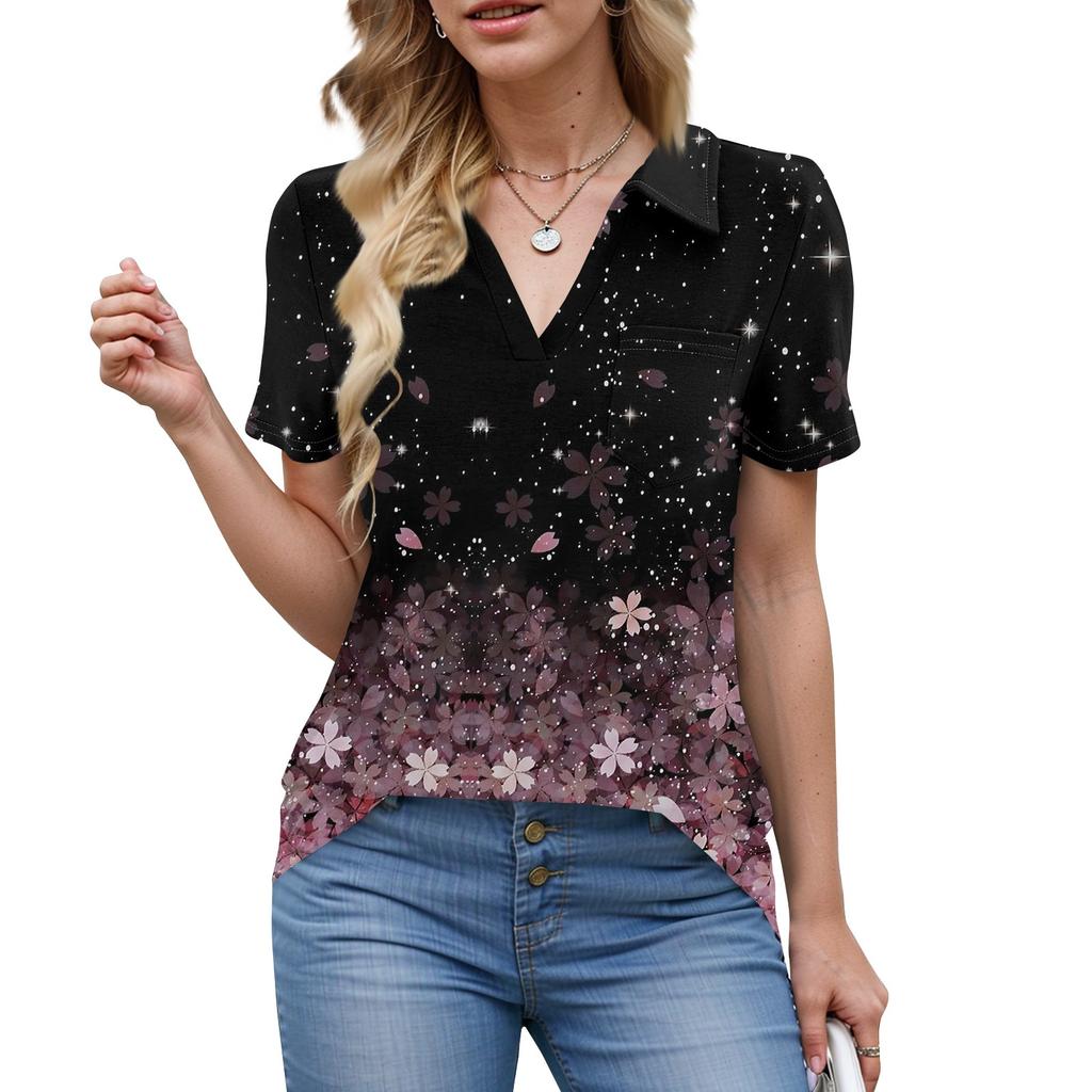 Damen Bluse Sommer Business Casual Arbeitstops Kurzarm Button-Down-Kragen V-Ausschnitt Bluse T-Shirt