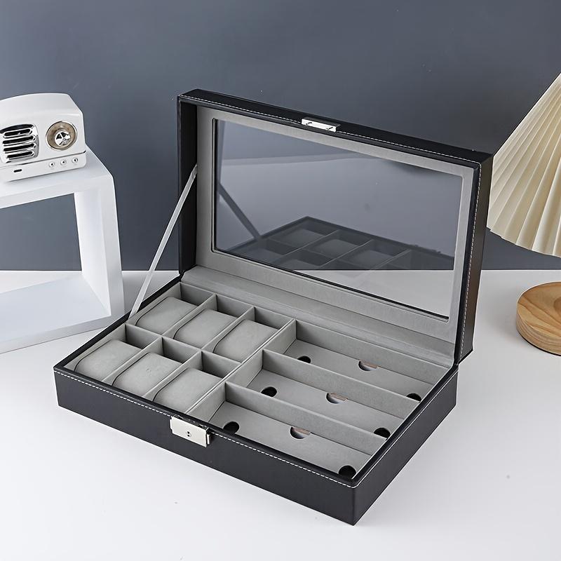 Elegant Faux Leather Watch and Glasses Organizer Box with Mirro Display Case Fashion Glasses Storage Box with Lock Buckle Travel