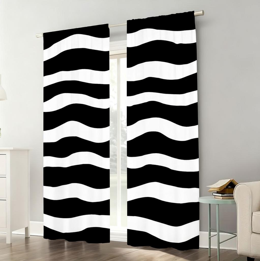 2pcs Black and white horizontal patterned curtains   minimalist style   living room   bedroom   pull rod pocket   window decoration