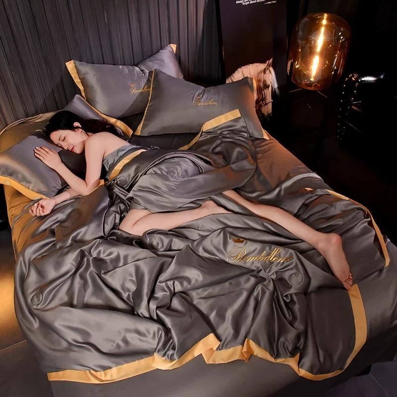 Luxury Ice Silk Summer Blanket 4/3/1 Pcs Embroidery Silky Cool Feel Quilt Set or 1 Quilts Breathable Air Conditioning Comforter