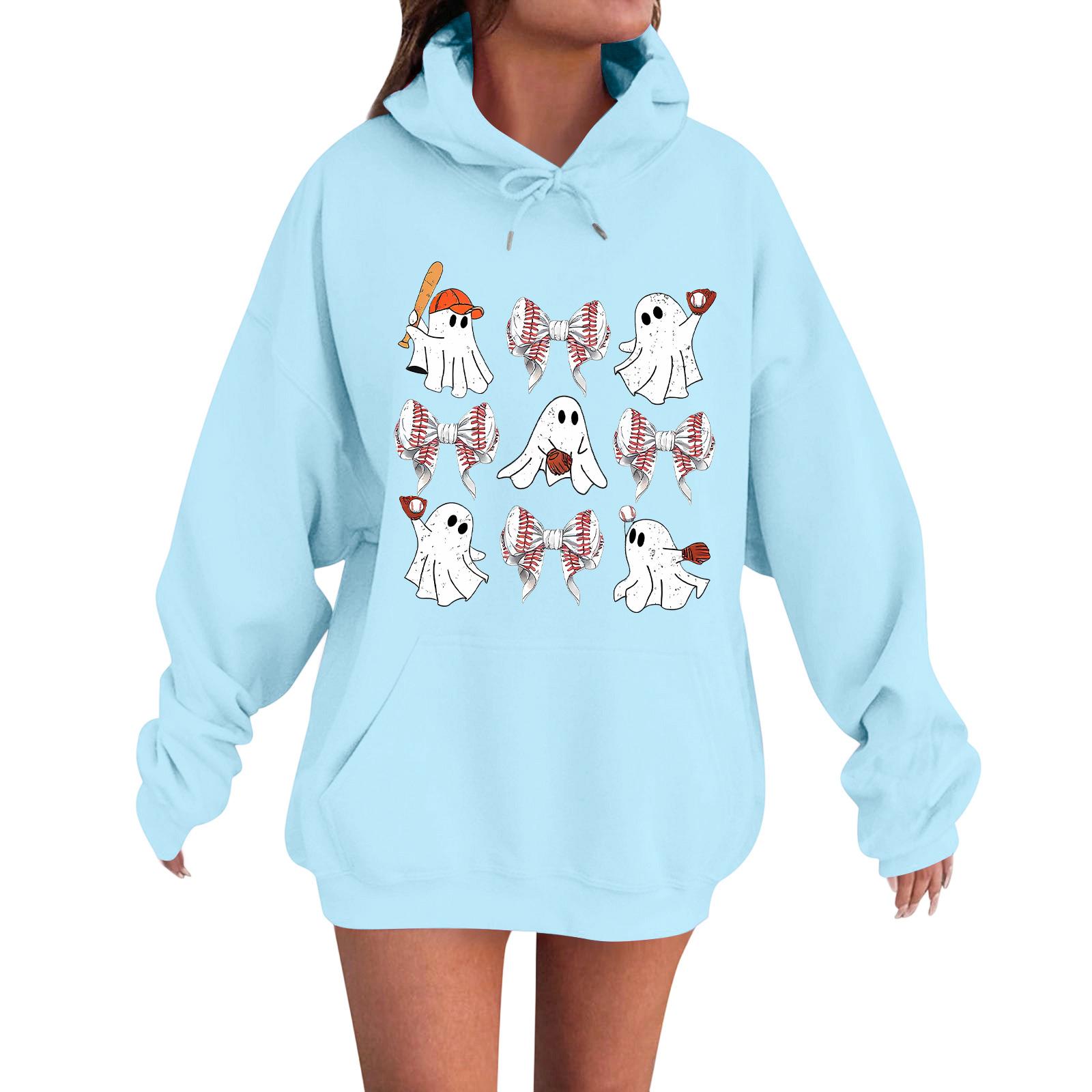 

Женская повседневная модная удобная толстовка с круглым вырезом, капюшоном и длинными рукавами с принтом на Хэллоуин, теплая XL