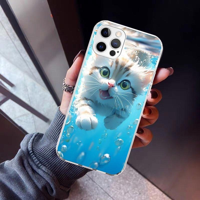 Cartoon Cute Cat Fish Aesthetic Phone Case For iPhone 17 Air 11 13 Mini 14 15 Plus 16 12 Pro Max 16E SE 7 8 Pattern Soft TPU Bac