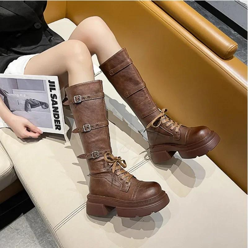 Fashion Fashion Punk Metal Buckle Platform Leather Knight Boots Shoes for Women Designer Soft-soled Autumn Witner Women Knee-high Boots