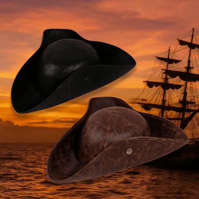 PU Leather Halloween Pirate Hat Vintage Buttoning Design Captain Tricorn Hat Triangular Masquerade Party Cosplay Hat Stage