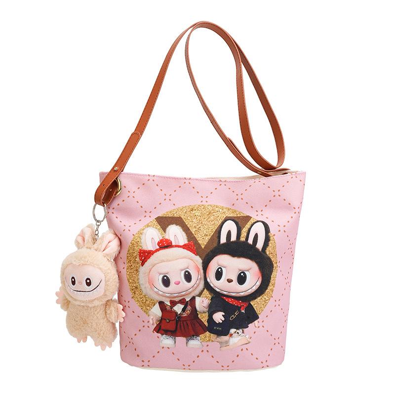 Korean Cartoon Labubu Crossbody Canvas Women's Bag Large Capacity Student Commuting To Class Embroidered Shoulder Bag Bucket Bag