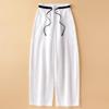 White Cotton Linen High Waist Wide-Leg Pants for Women - Summer 2025 Fashion Casual Nine-Point Length