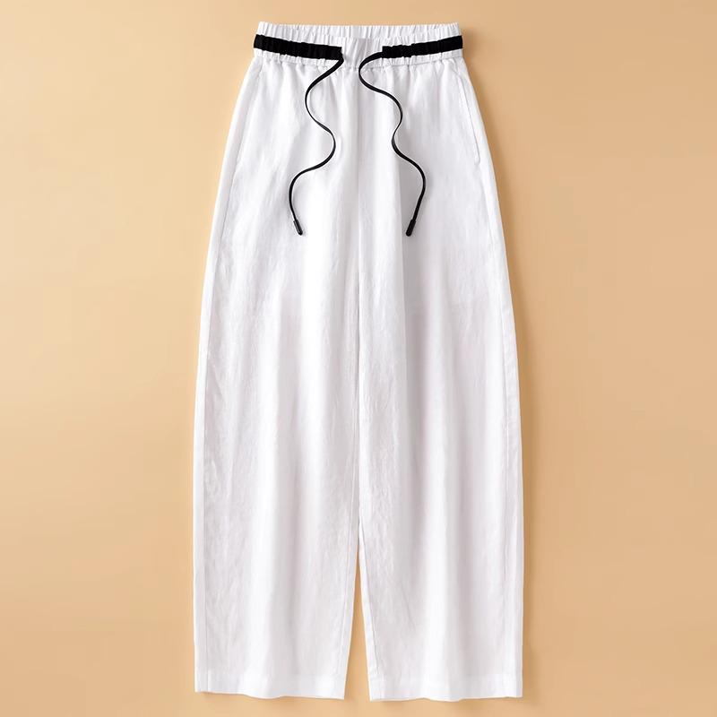 

White Cotton Linen High Waist Wide-Leg Pants for Women - Summer 2025 Fashion Casual Nine-Point Length L [Recommended 105-115 lbs] белый