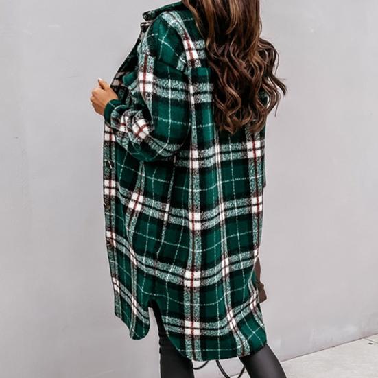 Umlegekragen Damenmantel Langarm Herbst Winter Karomuster Klappentaschen Wollmantel Oberbekleidung