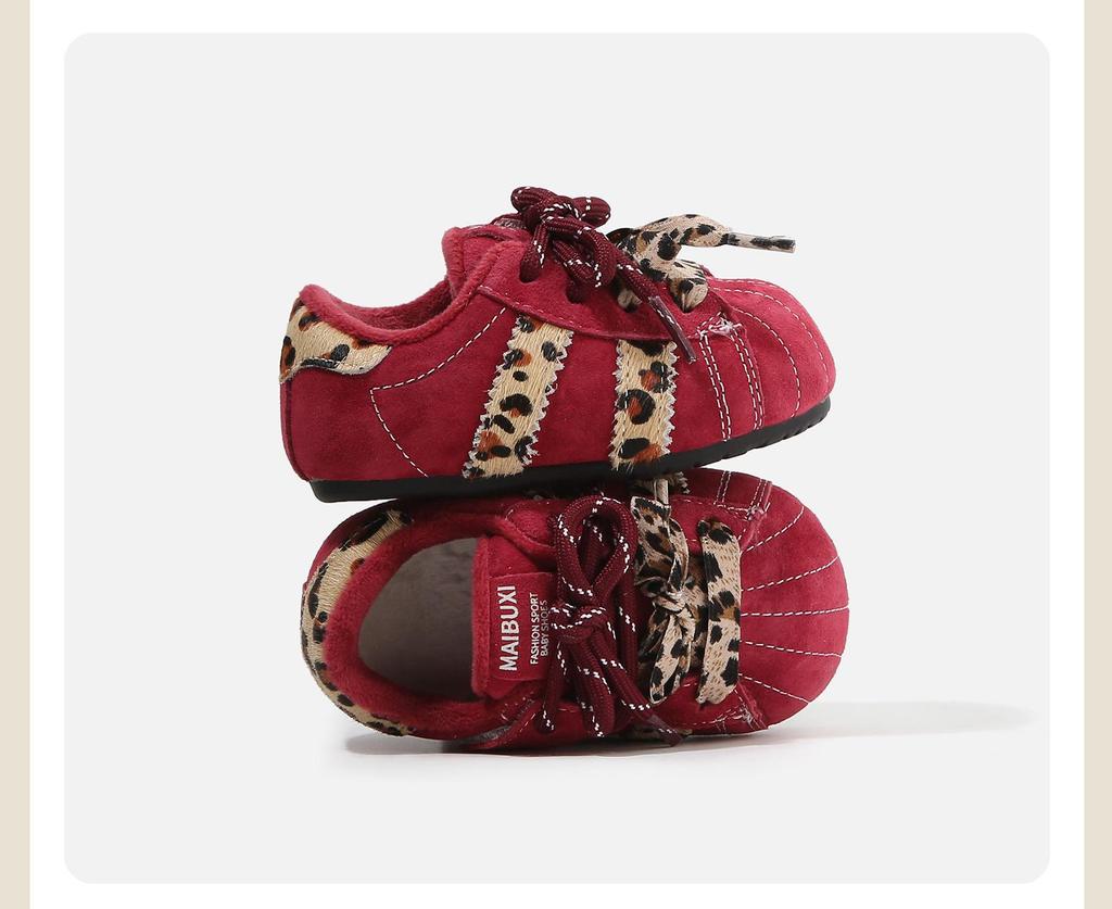 2025 Winter Leopard Print Retro Cotton Baby Shoes - Velvet Lined, Warm, Versatile, Casual German Training Design