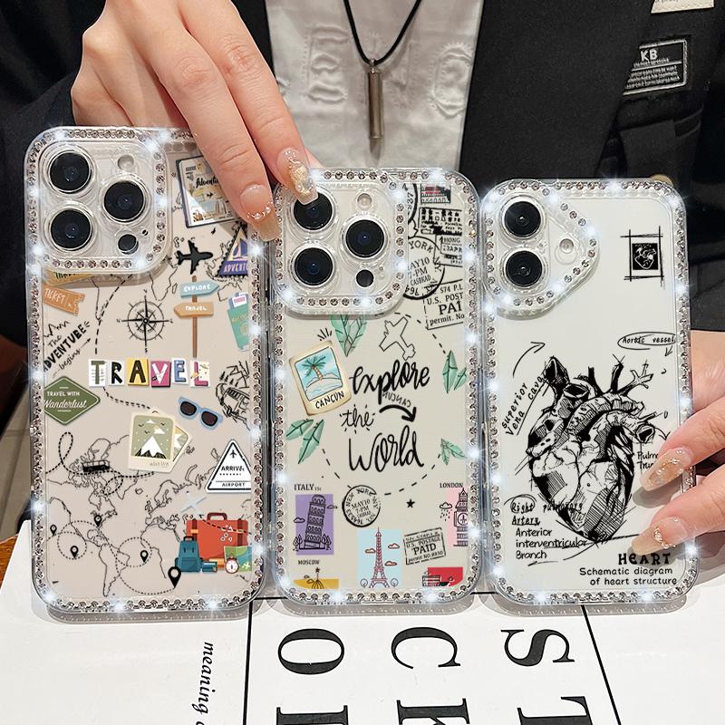 Airplane Travel Label Diamond Case For iPhone 16 Pro Max Coque iPhone 11 12 13 14 15 17 Pro Max 16E 17 Air Clear TPU Soft Cover