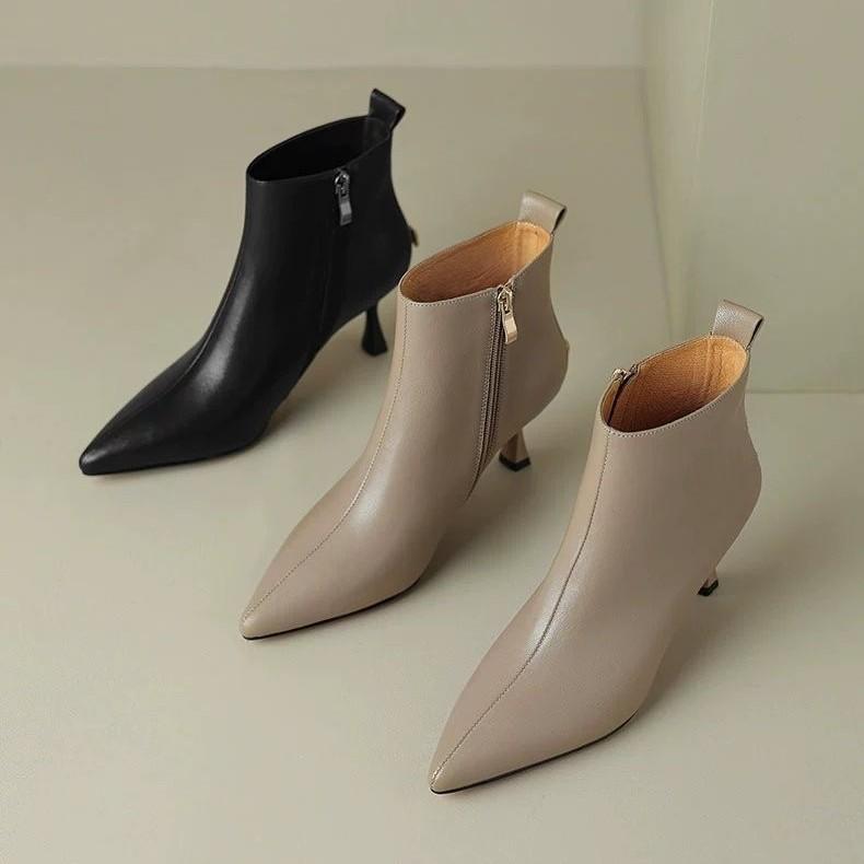 Temperament spisse høyhælte korte støvletter dame 2024 høst og vinter franske ankelstøvletter tynn hæl glidelås i siden tynne støvletter