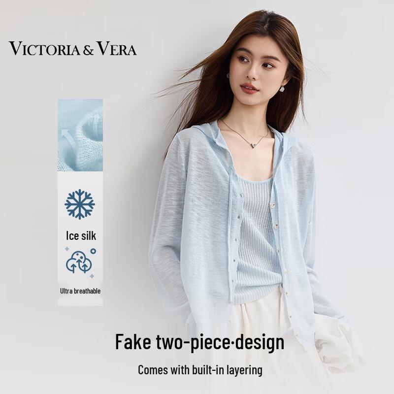 

VICTORIA&VERA Women s Faux Two-Piece Hooded Ice Silk Knit Top S