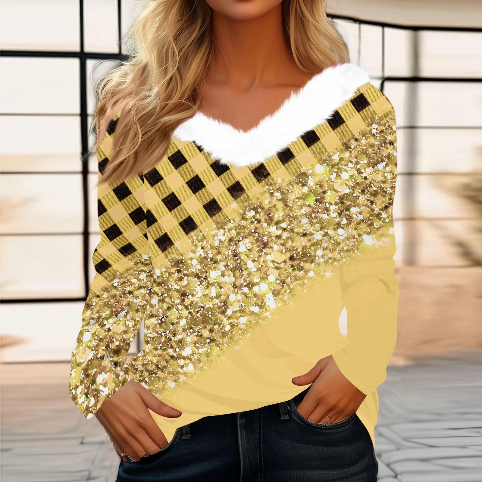 

Женский модный топ с длинным рукавом, клетчатым принтом, флисовым воротником и V-образным вырезом XL жёлтый