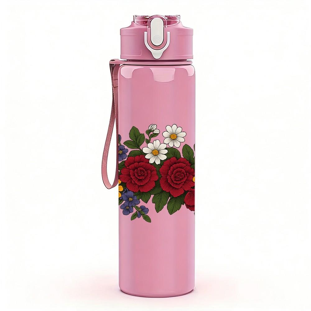 1PC Mixed Red Rose Bouquet Print 750ml Color Plastic Sports Water Bottle Leakproof Flip Straw Lid Suitable for Sports Office Home Use