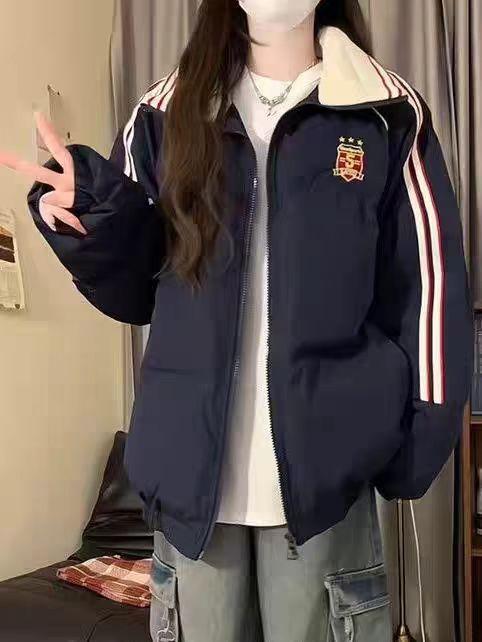 American retro embroidery label lapel cotton jacket female student winter loose versatile thickened bread clothes tide