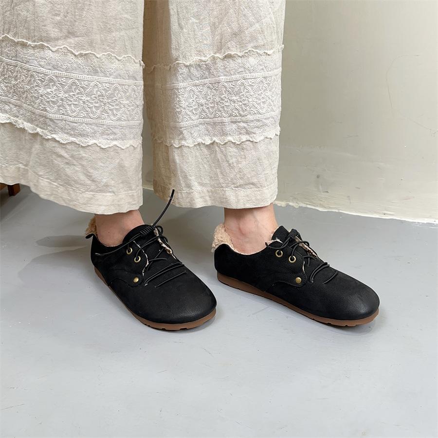 

Женские туфли Johnature с круглым носком в стиле ретро из натуральной кожи с плюшевой отделкой, теплые повседневные туфли без застежек 40 чёрный