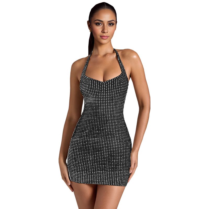 

C7179 European and American Fashion Women s Wear Sexy Halter Hot Drilling Silm Sheath Dress C7179-Black 2XL