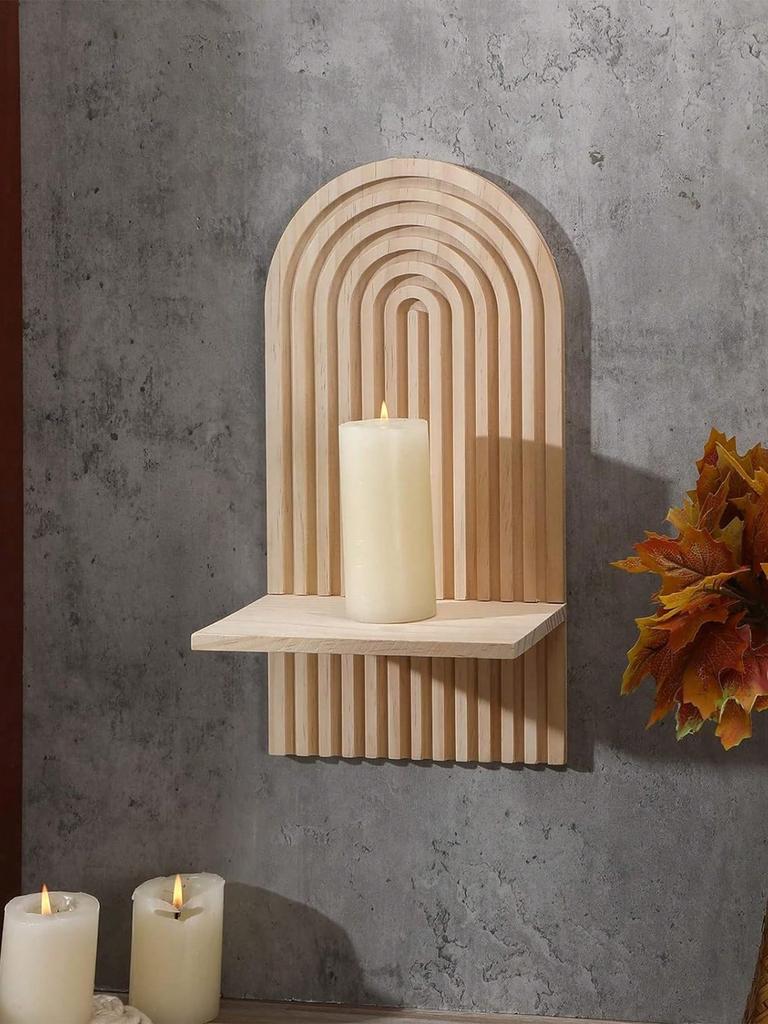 1/2pcs Wooden Wall-Mounted Decor Shelf, Bohemian Wall-Mounted Bookshelf, Boho Style Display Rack, Candle Holder For Living Room