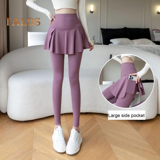 Damen Yogahose mit Fake-Tow-Piece-Rock, Patchwork, Skinny-Kompression, hohe Taille, Telefontasche, Po-Lift, Anti-Exposure, nahtlos, Sport, Fitnessstudio, Joggen