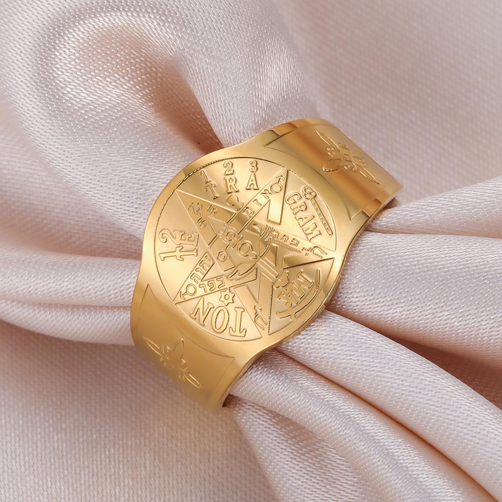 Dawapara Witch Knot and Tetragrammaton Pentagram Ring Double Protection Symbol Adjustable Ring Stainless Steel Wiccan Jewelry