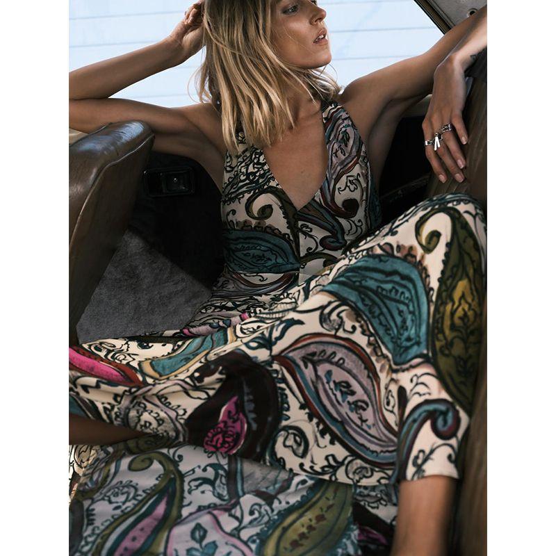 Summer Women's Viscose Textile V-Shaped Neckline A- line Hem Print Hanging Collar Dress 3126145